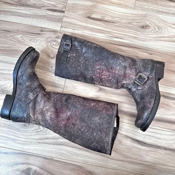 FRYE | Veronica Slouch Boot Chocol Crackle Leather Knee High Moto | Size 6.5 - Picture 6 of 8